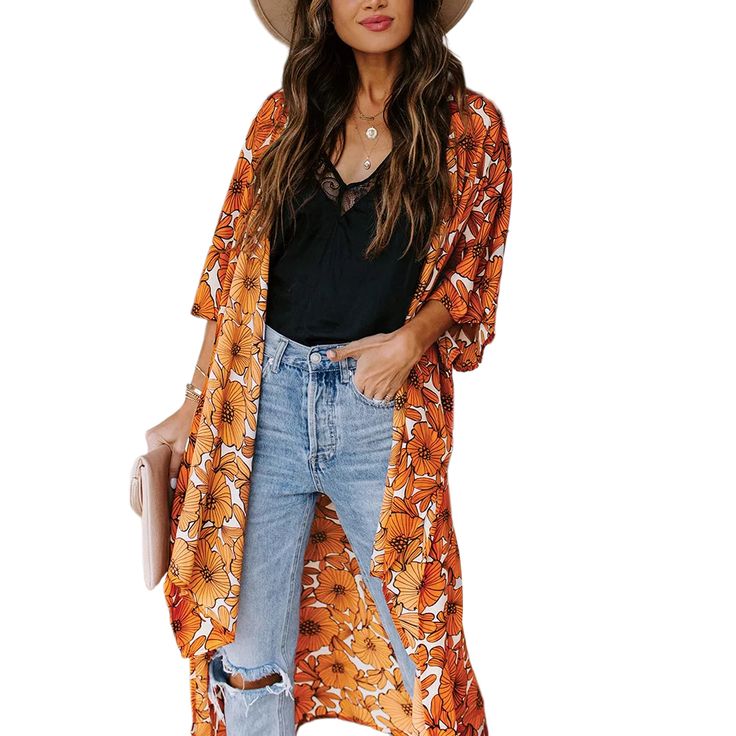 Orange Floral Print 1/2 Sleeves Chiffon Kimono Bohemian Half Sleeve Blouse For Beach, Bohemian Half Sleeve Beach Blouse, Fall Beach Blouse With 3/4 Sleeves, Casual Open Front Blouse For Fall, Fall Vacation Rayon Kimono, Rayon Kimono For Fall Vacation, Floral Print Half Sleeve Blouse For Beach, Printed Half Sleeve Beach Blouse, Beach Blouse With Half Sleeves And Print