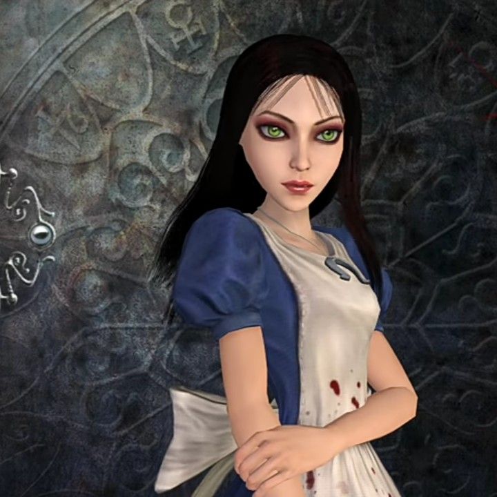 an animated image of a woman with green eyes and blood on her face, standing in front of a clock