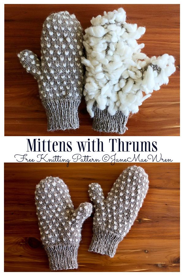 three mittens with thumb holes are shown on a wooden surface and one is made out of