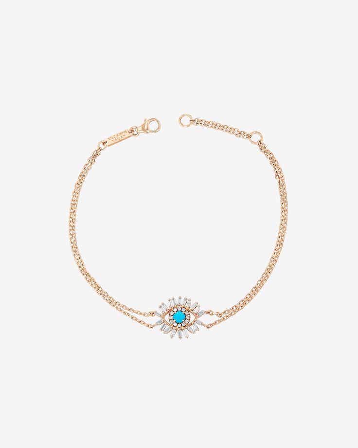 Handcrafted from 18K gold, this bracelet from our Evil Eye Collection is a contemporary interpretation of the ancient symbol. Featuring a 3mm round sleep beauty turquoise center stone for the eye, it is beautifully encircled by a combination of baguette and round white diamonds. Details 18k yellow gold, rose gold or white gold 3mm round sleep beauty turquoise center 0.21 carats of baguette and round white diamonds Bracelet length 7 inches and can be adjusted to 6.25 inches 13x12mm dimensions Ref Turquoise Evil Eye Bracelet, Turquoise Evil Eye Bracelet Jewelry, Elegant Turquoise Jewelry With Evil Eye, Turquoise Evil Eye Bracelet With Round Beads, Yellow Gold Round Evil Eye Bracelet, 14k Yellow Gold Evil Eye Bracelet, Turquoise Round Evil Eye Jewelry, Adjustable Yellow Gold Evil Eye Bracelet, Sleep Beauty