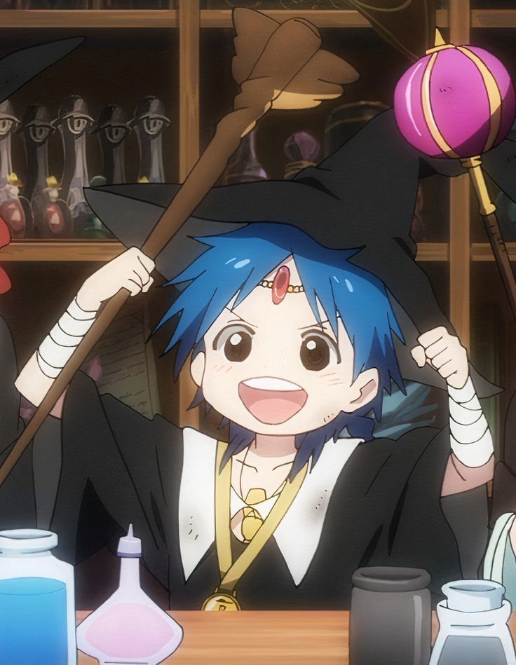 an anime character with blue hair holding a broom in front of a shelf full of bottles