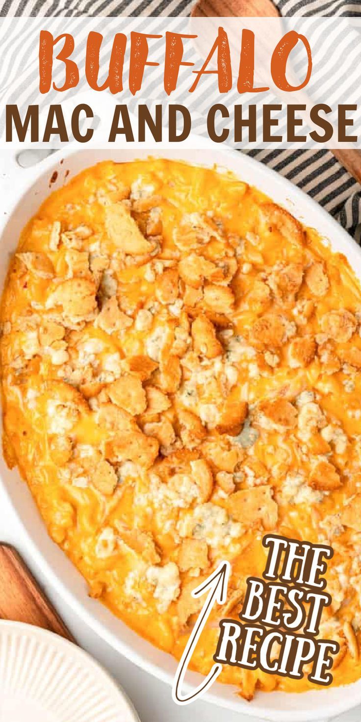 buffalo macaroni and cheese in a white casserole dish with text overlay