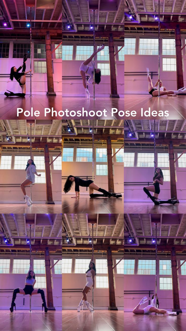 Nine different pole photo shoot pose ideas from AngelaAerial in a grid. Pole Poses Photo Shoots, Pole Dancing For Beginners, Pole Poses, Pole Fitness Inspiration, Pole Fitness Moves, Pole Dance Studio, Pool Dance, Dancing Poses, Pole Classes