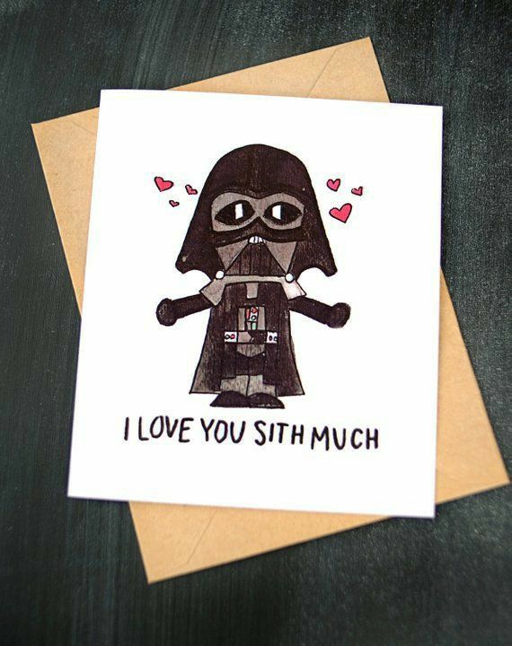 a card with a darth vader illustration on it says i love you sith much