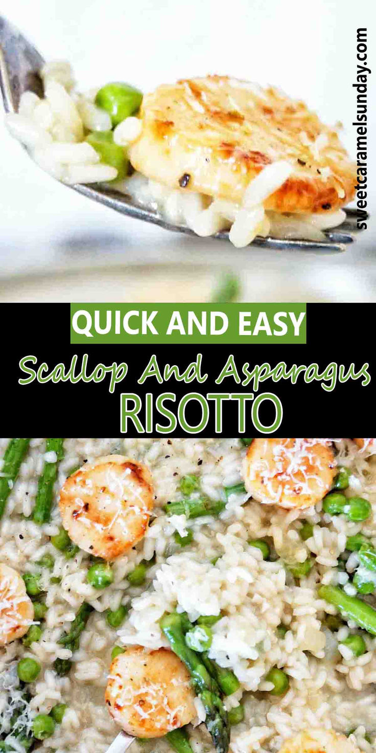 Fork holding risotto with scallops and asparagus above black pan of the same. There is text written between 2 images. Scallops And Asparagus Recipe, Risotto Recipes Parmesan, Scallop Risotto Recipes, Scallop Risotto, Crisp Asparagus, Prawn Risotto, Asparagus And Peas, Parmesan Rice, Asparagus Risotto