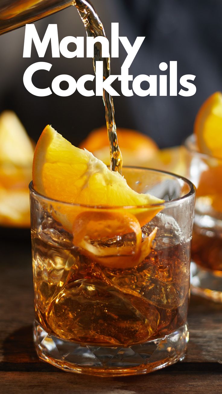 an orange being poured into a glass with ice