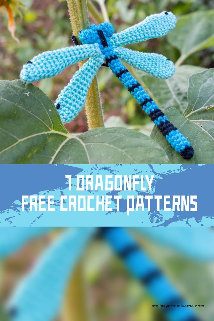 a blue dragonfly sitting on top of a green plant with text overlay that reads, 1 dragonfly free crochet patterns