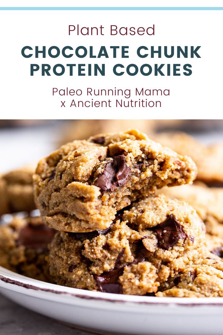 chocolate chunk protein cookies stacked on top of each other in a white bowl with text overlay