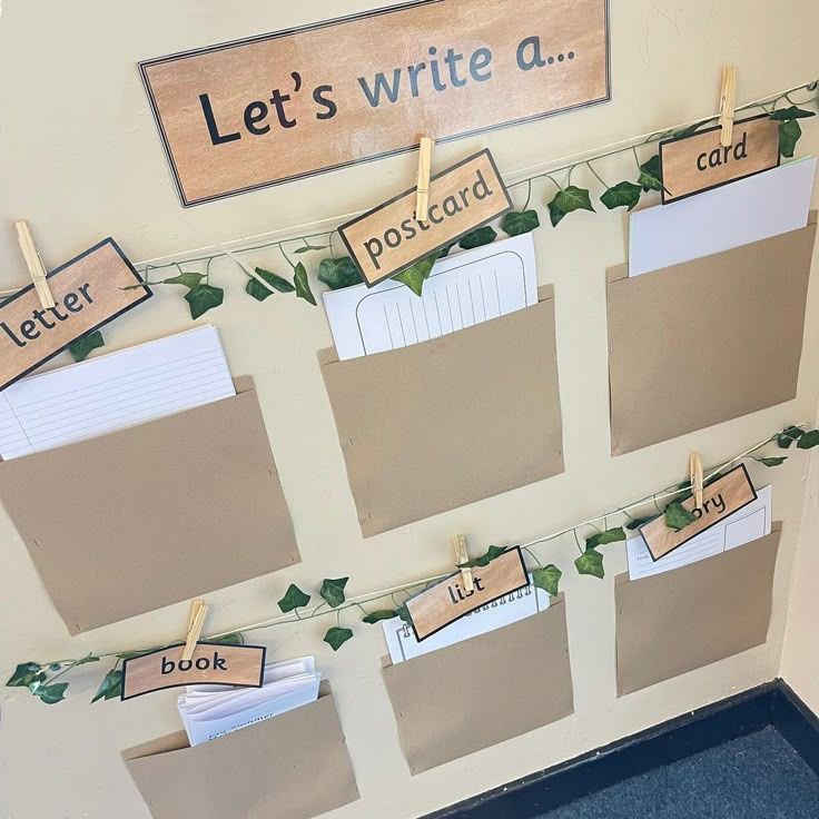 a bulletin board with several pieces of paper taped to it's sides and hanging from clothes pins