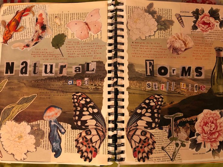 an open book with pictures of flowers and butterflies on it's pages that read natural forms