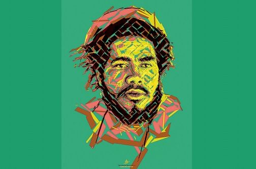 a drawing of a man's face on a green background with the words bob marley