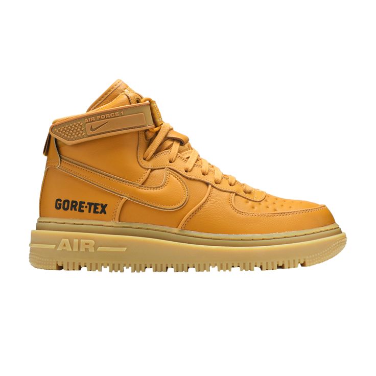 Find NIKE Air Force 1 Gore-tex Boot 'wheat on Editorialist. The Nike Air Force 1 Gore-Tex Boot ‘Wheat’ applies a monochrome finish to a rugged build made to withstand harsh weather conditions. Thick laces and a removable silicone ankle strap secure the leather upper, reinforced with a Gore-Tex lining for waterproof protection. Underfoot, the gum rubber sole unit utilizes outdoor lugs for grippy traction. ‘Gore-Tex’ is embroidered on the lateral heel as a nod to the sneaker’s upgraded construction. Nike High-top Hiking Boots For Streetwear, High-top Gore-tex Sneakers For Streetwear, Gore-tex High-top Sneakers For Streetwear, Gore-tex Sneakers For Streetwear, High-top Gore-tex Sneakers With Boost Midsole, Gore-tex High-top Sneakers With Boost Midsole, Nike Waterproof Sneakers For Streetwear, Nike High-top Hiking Sneakers, Gore-tex High-top Sneakers With Abzorb Midsole