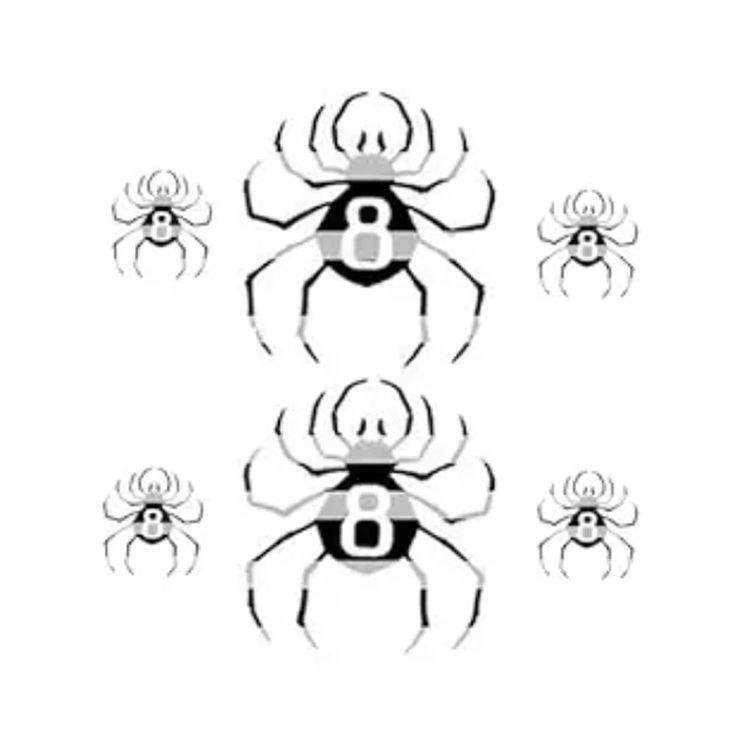 four black and white bugs with numbers on their backs, all facing different directions to the same direction