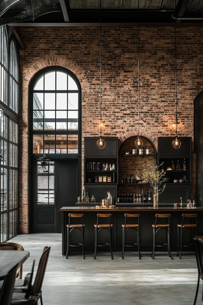 an industrial style bar with brick walls and arched windows