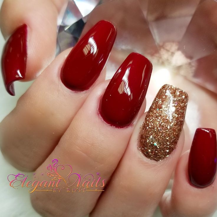 Sangria red with Rose Gold custom glitter Wedding Nails Red And Gold, Red And Gold Nails Simple, December Nails Red And Gold, Red With Gold Glitter Nails, Red And Rose Gold Nails, Christmas Nail Art Designs Xmas Sparkle Red Glitter Gold, Nails Red And Gold Glitter, Red And Gold Sparkle Nails, Red Nails With Gold Glitter Tips