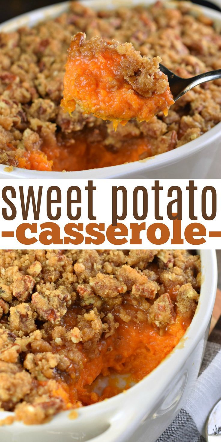 sweet potato casserole in a white dish with a spoon