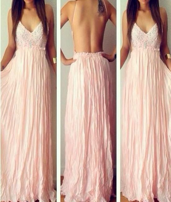 Pink Flowy Chiffon Dress For Banquet, Pink Chiffon Dress For Summer Banquet, Fitted Floor-length Chiffon Dress For Beach, Fitted Floor-length Chiffon Beach Dress, Pink Fitted Floor-length Chiffon Dress, Pink Floor-length Chiffon Dress, Summer Prom Maxi Dress With Lace Back, Chiffon Dress With Lace Back, Backless Chiffon Maxi Dress For Wedding