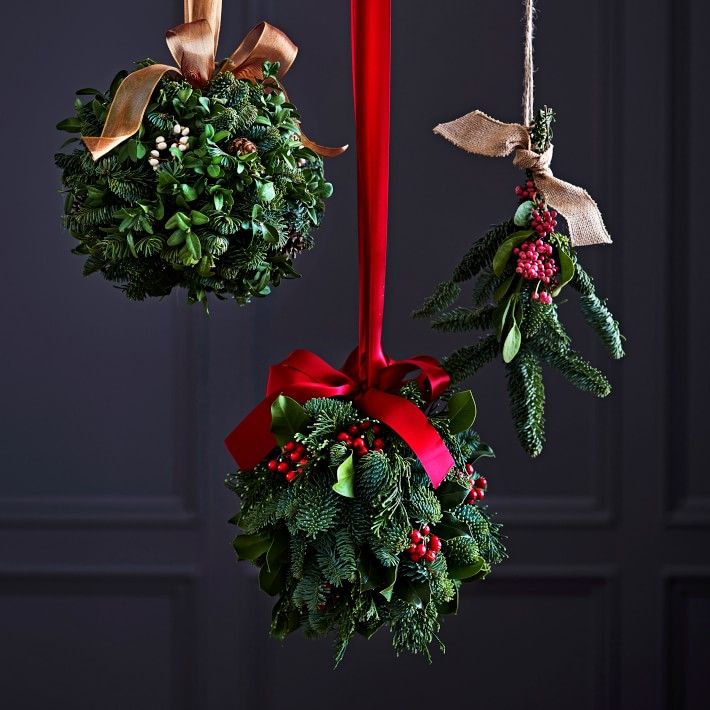 two christmas wreaths hanging from a red ribbon