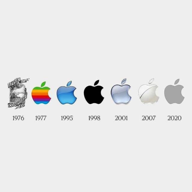 the evolution of apple's logo in four different colors, from old to new