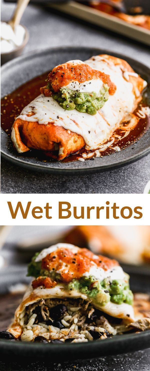 two plates with different types of food and the words wet burritos on them