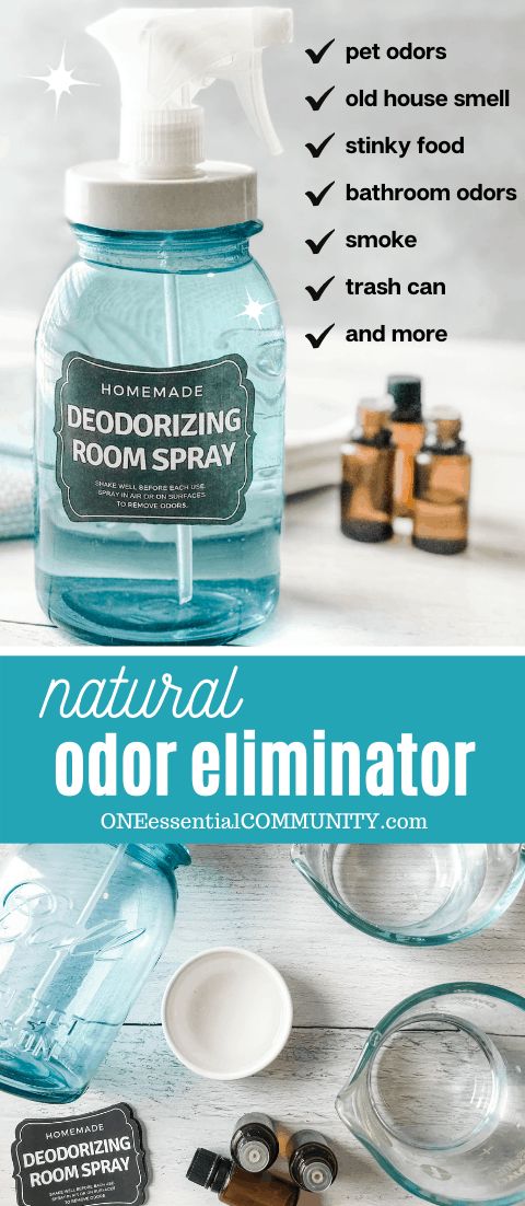 Homemade essential oil spray neutralizes odors and eliminates even the stinkiest of smells. Use for pet odors, smoke, pungent cooking odors, bathroom stink, and more. DIY odor eliminator spray made with essential oils. {essential oil recipe, deodorizing essential oils, essential oils for odors, doTERRA, Young Living, Plant Therapy} Diy Odor Eliminator Spray, Homemade Deodorizer Spray, Diy Room Spray Essential Oils, One Essential Community, Essential Oil Spray Recipes, Room Spray Recipe, Diy Room Spray, Room Deodorizer, Deodorizing Spray