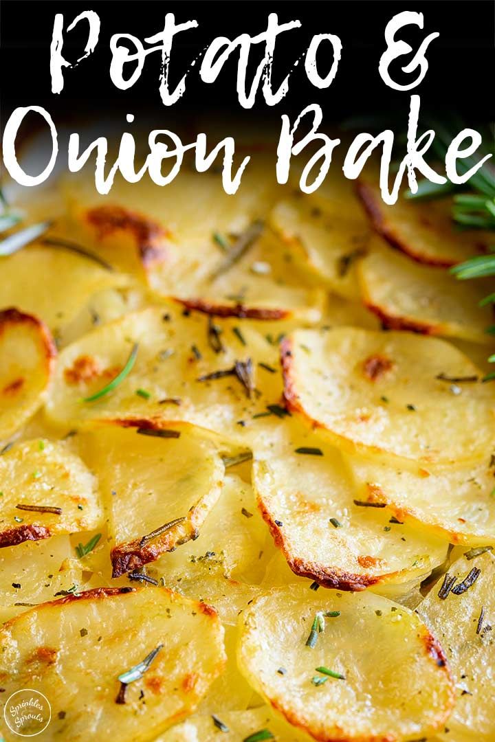 potato and onion bake with rosemary sprigs on top