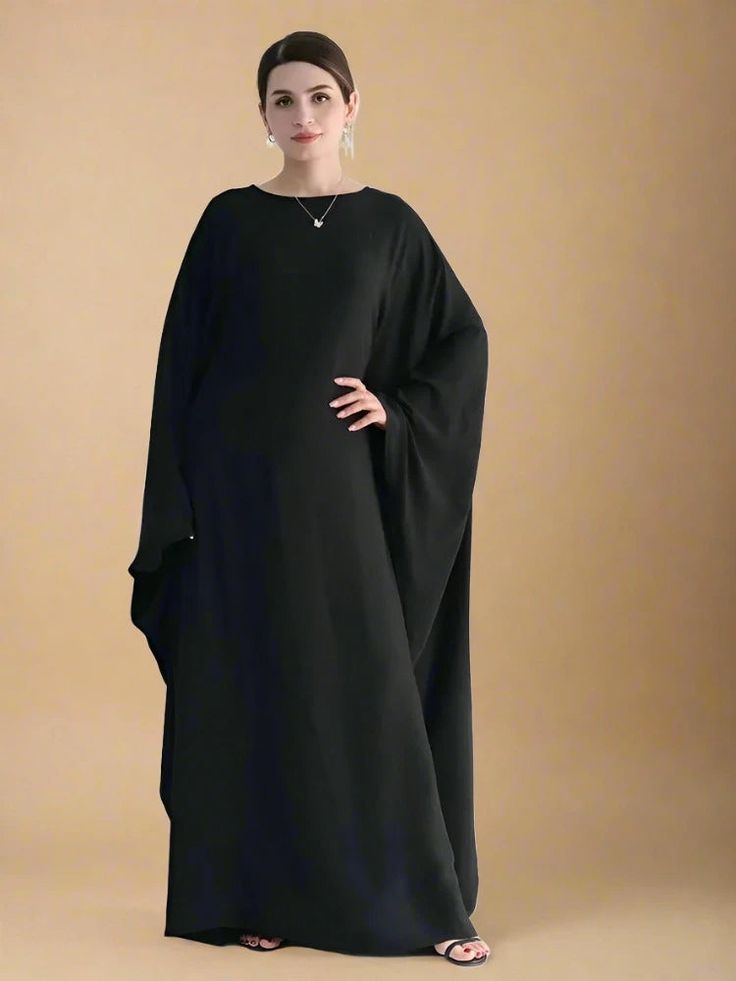 49316455219509|49316455252277 Flowy Floor-length Dress In Solid Color, Black Flowy Long Sleeve Maxi Dress, Flowy Black Maxi Dress With Long Sleeves, Solid Color Flowy Floor-length Dress, Black Chiffon Long Sleeve Maxi Dress, Black Long Sleeve Chiffon Maxi Dress, Elegant Black Flowy Maxi Dress, Flowy Black Maxi Dress For Evening, Black Flowy A-line Dress