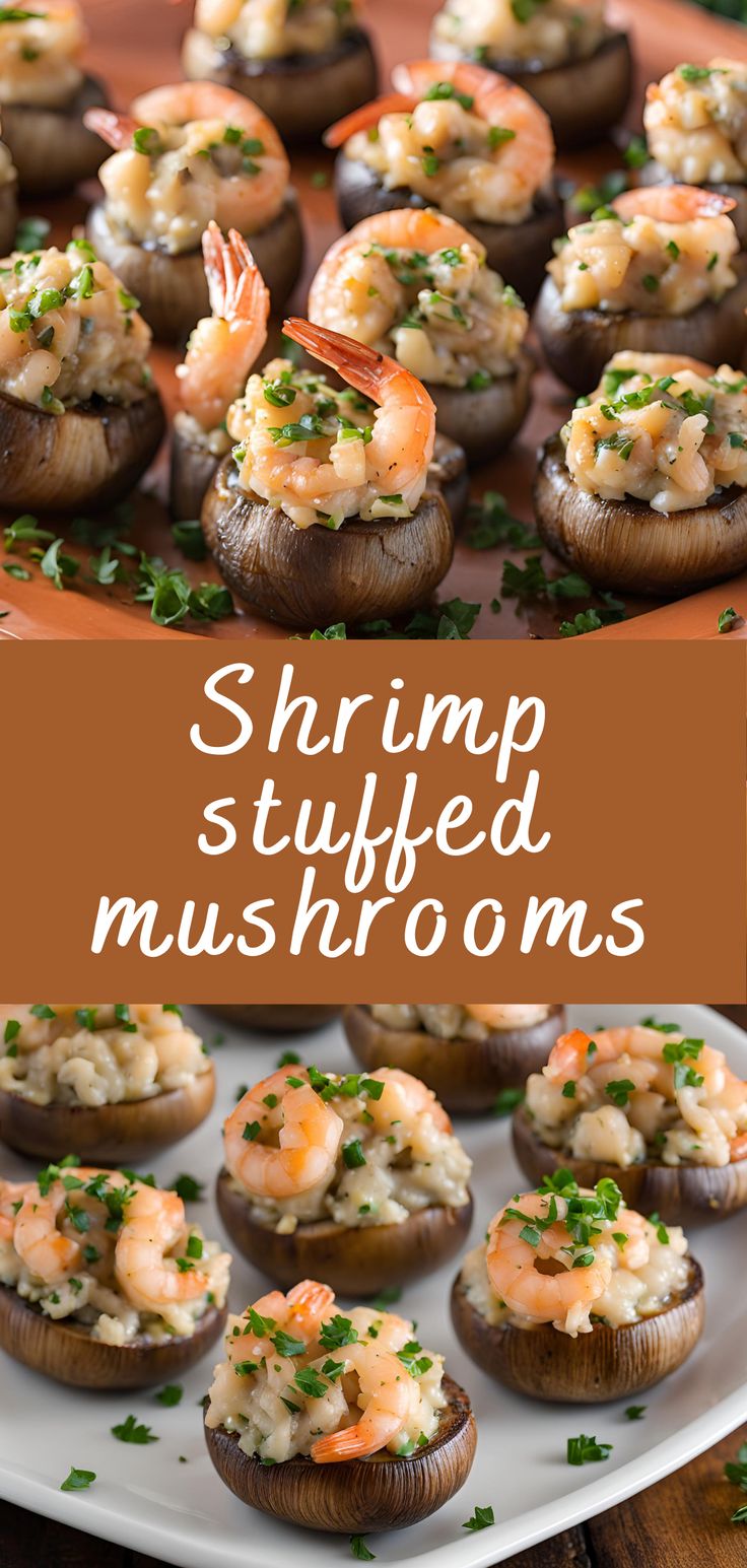 shrimp stuffed mushrooms on a platter with text overlay