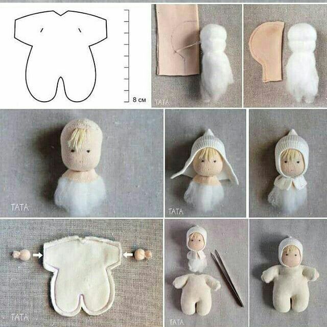 the instructions for how to make an adorable little doll with white clothes and bonnets