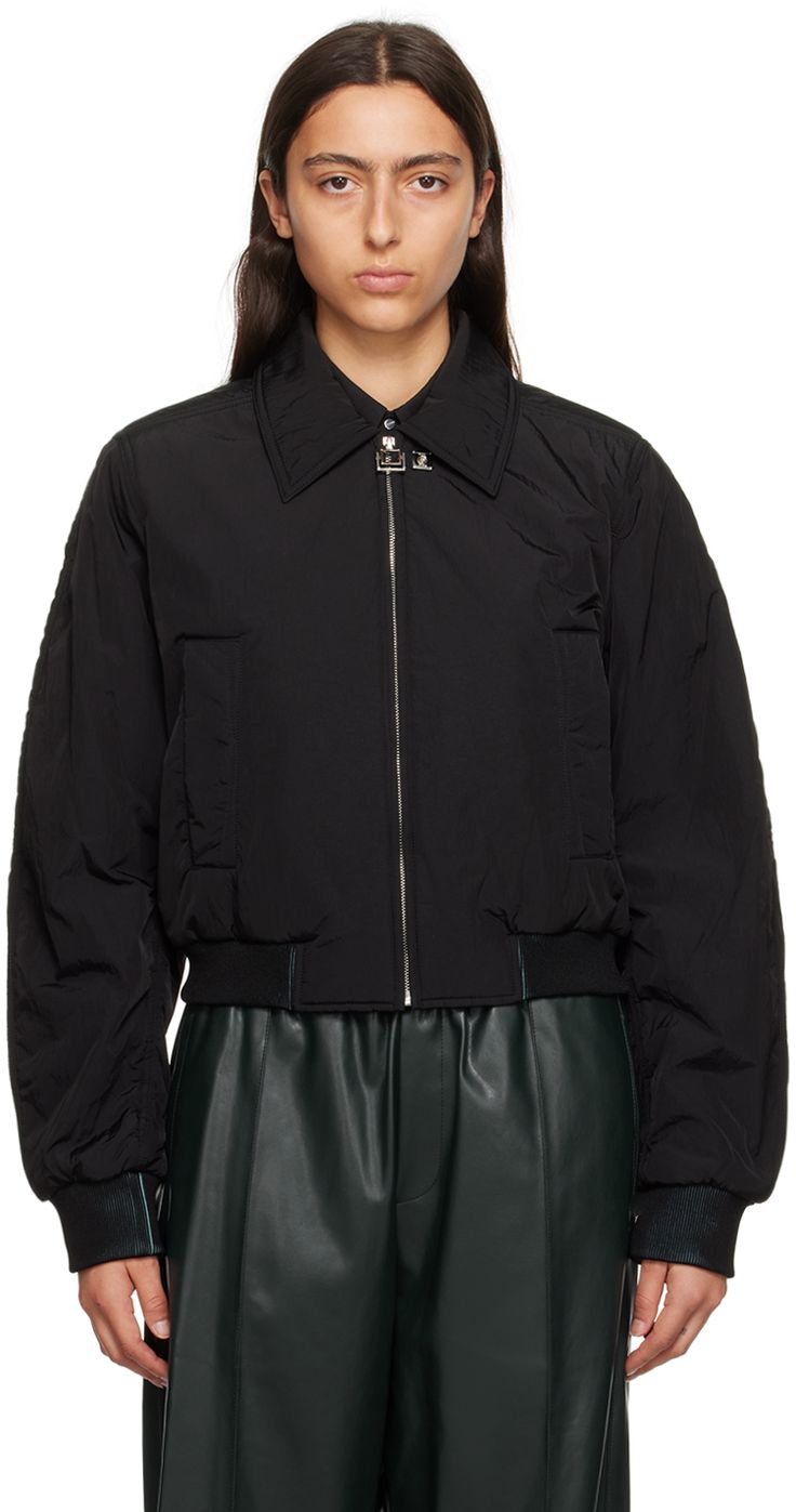 Padded nylon taffeta bomber jacket. · Spread collar · Zip closure · Logo hardware at front · Welt pockets · Rib knit hem and cuffs · Cropped hem · Logo patch at back · Full satin lining Supplier color: Black Winter Nylon Outerwear With Ribbed Collar, Fall Nylon Outerwear With Zip Cuffs, Fall Nylon Windbreaker With Padded Collar, Fall Nylon Windbreaker With Zip Cuffs, Fall Workwear Windbreaker With Padded Collar, Fall Windbreaker With Padded Collar For Work, Winter Nylon Windbreaker With Zip Cuffs, Winter Nylon Windbreaker With Elastic Cuffs, Fall Nylon Windbreaker With Elastic Cuffs