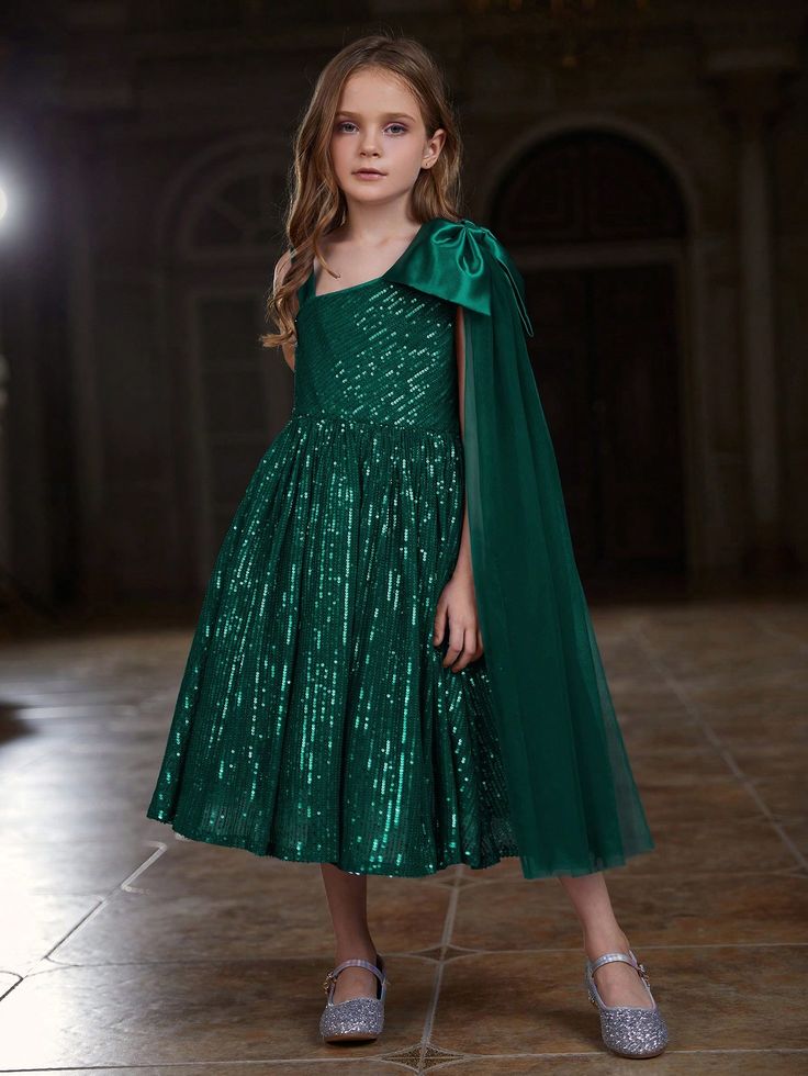 Dark Green Party Collar Extra-Long Sleeve Sequins Plain A Line Embellished Slight Stretch  Tween Girls Clothing Kids Formal Dresses, Kids Party Wear Dresses, Girls Birthday Party Dress, Kids Party Wear, Kids Formal, Classy Gowns, Sequin Formal Dress, Sequin Midi Dress, Performance Dresses