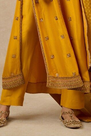 Mustard straight kurta with dori embroidery and french knot highlights. Paired with a trouser and a handwoven textile dupatta laced with hand embroidered border. - Aza Fashions Dori Embroidery, French Knot Stitch, Women Kurta, Tarun Tahiliani, Embroidered Border, Hand Woven Textiles, French Knots, Straight Kurta, French Knot