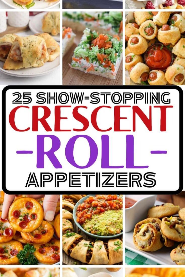 several pictures of different types of appetizers with text overlay that reads show - stopping crescent roll appetizers