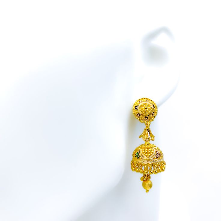 Illuminate your visage with these mesmerizing jhumki earrings, meticulously crafted with a beaded flower motif in gleaming 22k yellow gold. Weighing 15.2 grams, the earrings emanate opulence. The enchanting design cascades down to a length of 1.8 inches, swaying gracefully with every movement. Designed for comfort and ease, they are equipped with a hook back for effortless wear. Product Details Gold Purity(karat): 22k Gold Weight(grams): 15.2 Item Finish: Yellow Gold Earring Style: Hanging/Jhumk Festive 22k Yellow Gold Chandelier Earrings, Intricate Design Jhumkas For Reception, 22k Gold Meenakari Jhumkas, Yellow Gold Drop Earrings Jhumkas, Yellow Gold Round Meenakari Jhumkas, 22k Gold Jhumkas For Wedding, Yellow Gold Wedding Jhumkas Drop Earrings, Yellow Gold Round Jhumkas For Wedding, Gold Danglers With Intricate Design For Reception