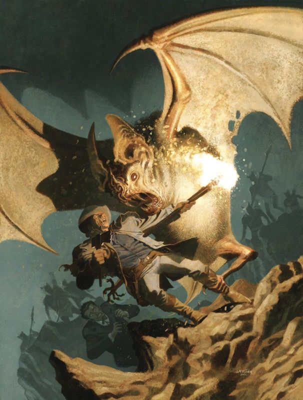 a painting of a man riding a giant dragon