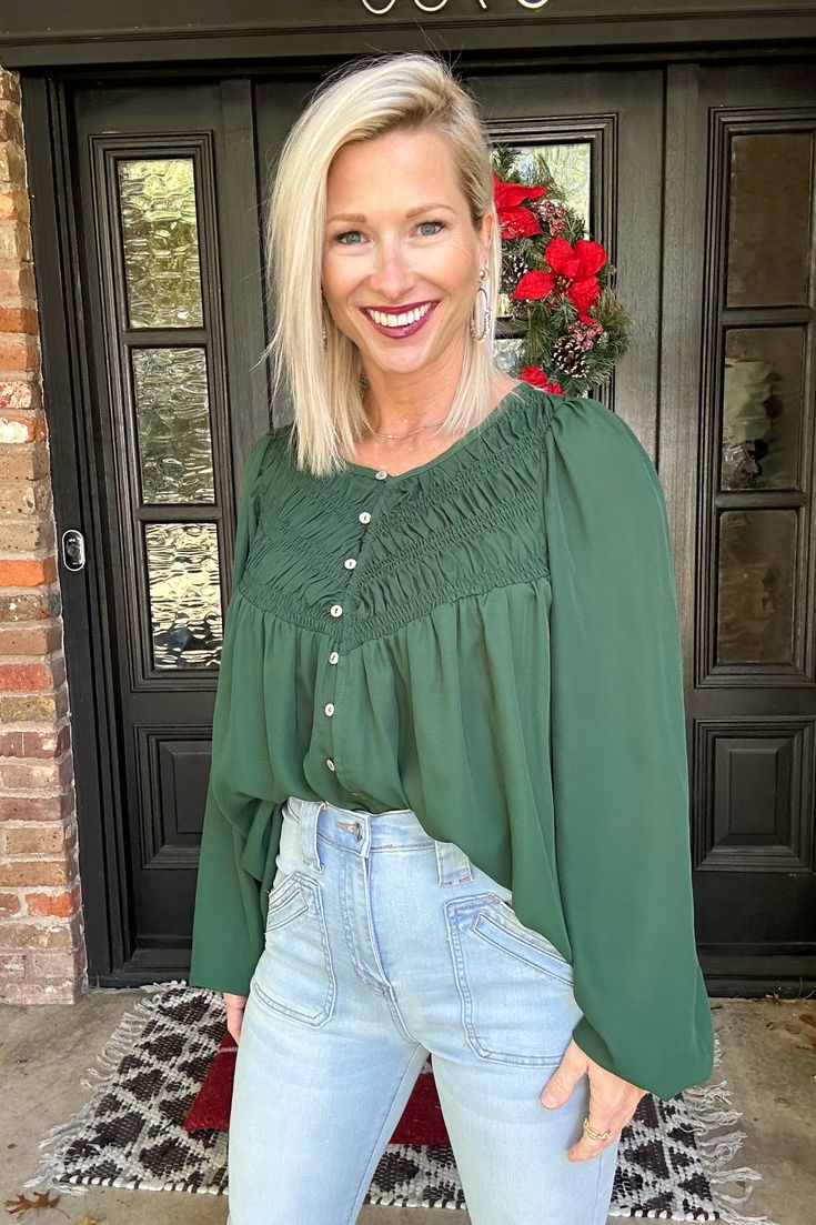 Gimme the Deets Blouse-Blouses-Ces Femme-Go Big U, Women's Fashion Boutique Located in Dallas, TX Emerald Green Blouse, Green Blouse, Balloon Sleeves, Forest Green, Round Neckline, To Work, Color Options, Fitness Models, Beer