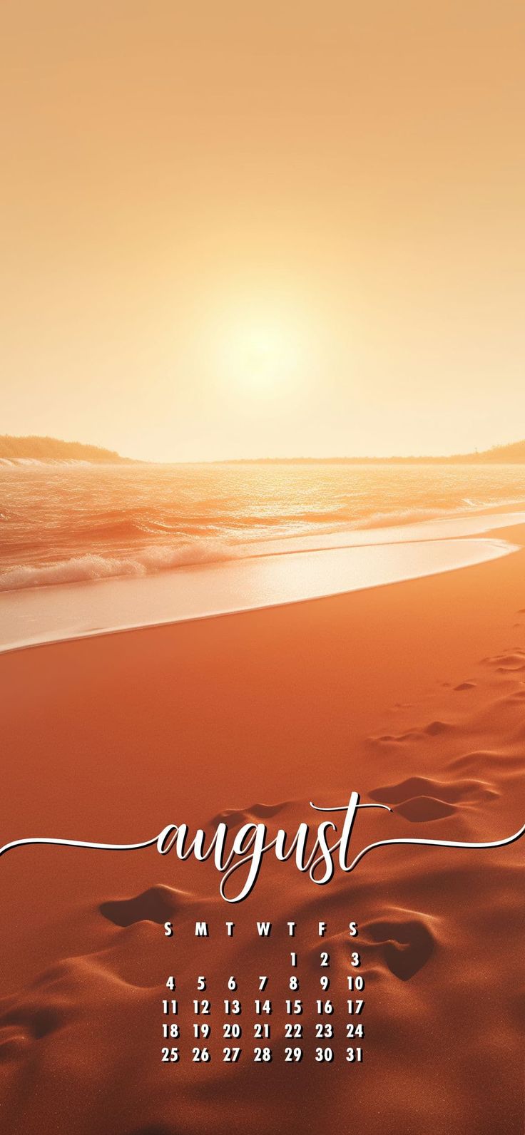 an august calendar on the beach with waves coming in to shore and setting sun behind it