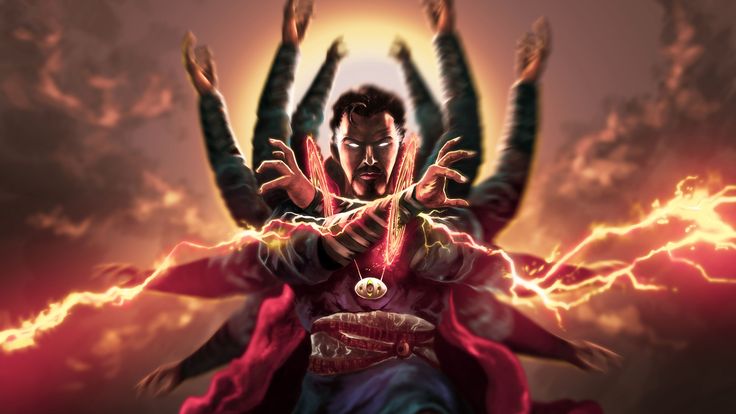 a digital painting of a man with his hands in the air and lightning behind him