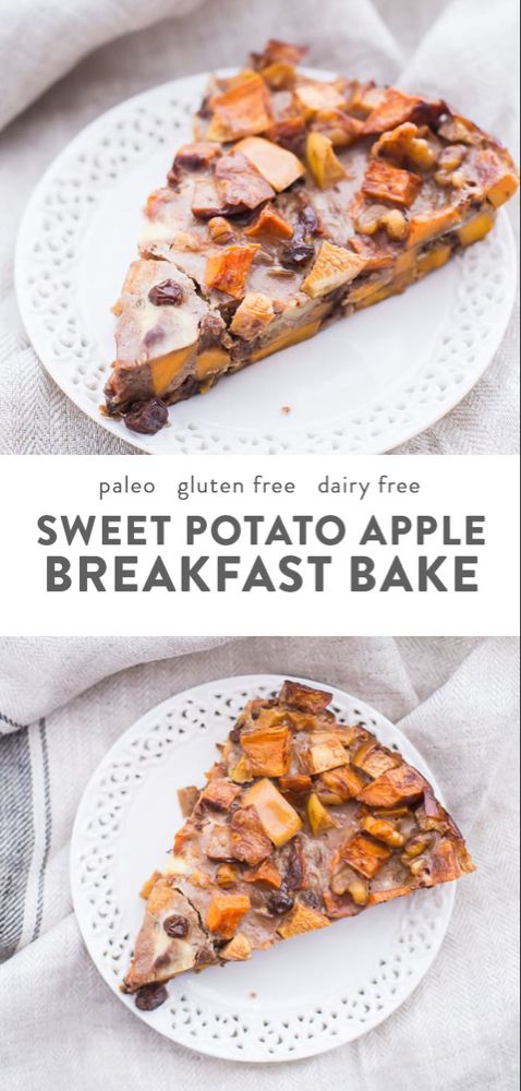 a slice of sweet potato apple breakfast bake on a white plate