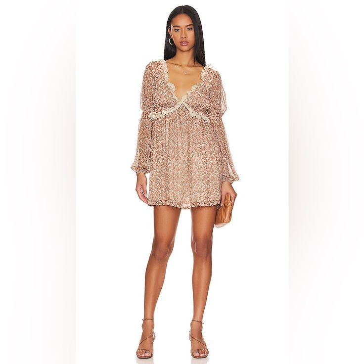 Nwt Free People Penni Dress. Retail $138. Size Small, Can Work For A Medium. Neutral V-neck Dress For Date Night, Beige Lace Trim Dress For Date Night, Beige Lace Trim Mini Dress For Date Night, Neutral Mini Dress For Daywear, Elegant Brown Mini Dress For Daywear, Feminine Brown Spring Dress, Brown Lace Trim Dress For Spring, Chic Brown Daywear Mini Dress, Chic Brown Mini Dress For Daywear