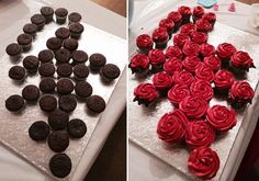 two pictures of red and black cupcakes on a table