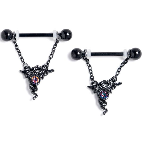 two piercings with black balls and chains attached to each other, on white background