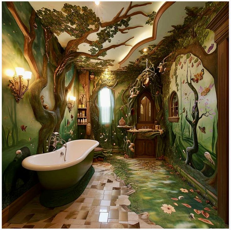 a bathroom decorated in green and white with a tree mural on the wall above the bathtub