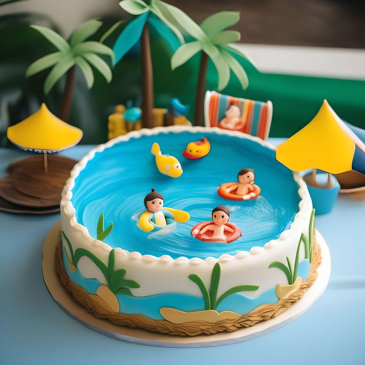 there is a cake decorated with people in the water