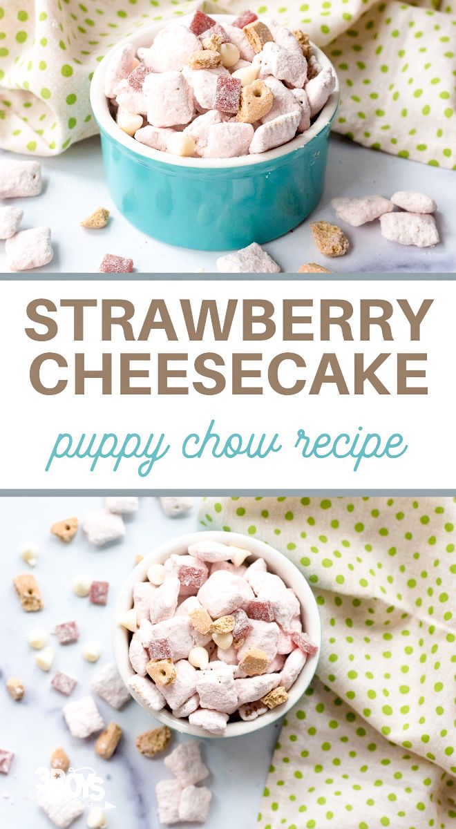 a blue bowl filled with puppy chow and marshmallows on top of a table