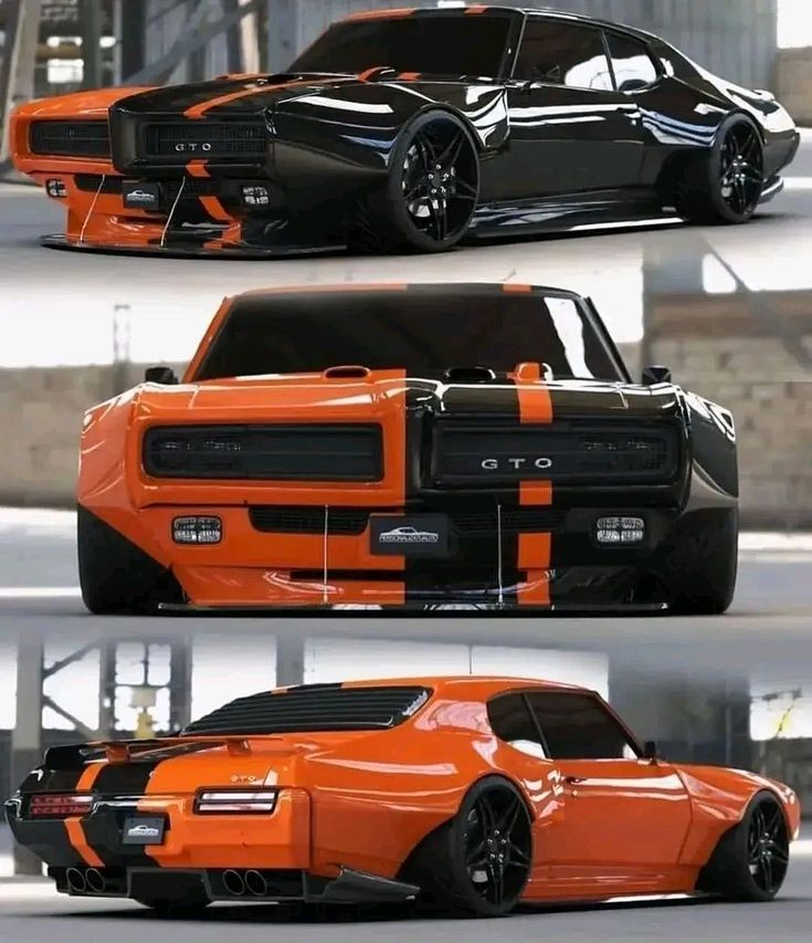 an orange and black car is shown in three different views