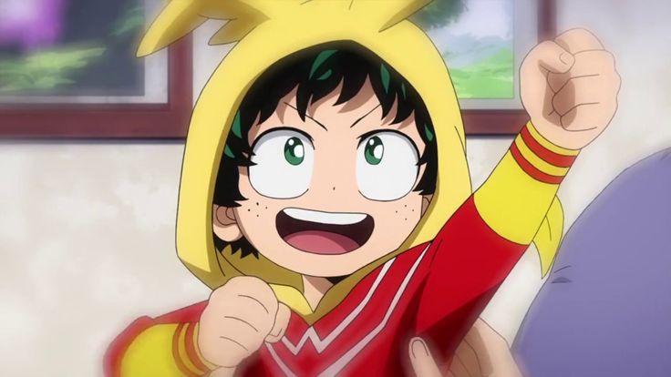 an anime character with green eyes and a yellow hoodie is giving the peace sign