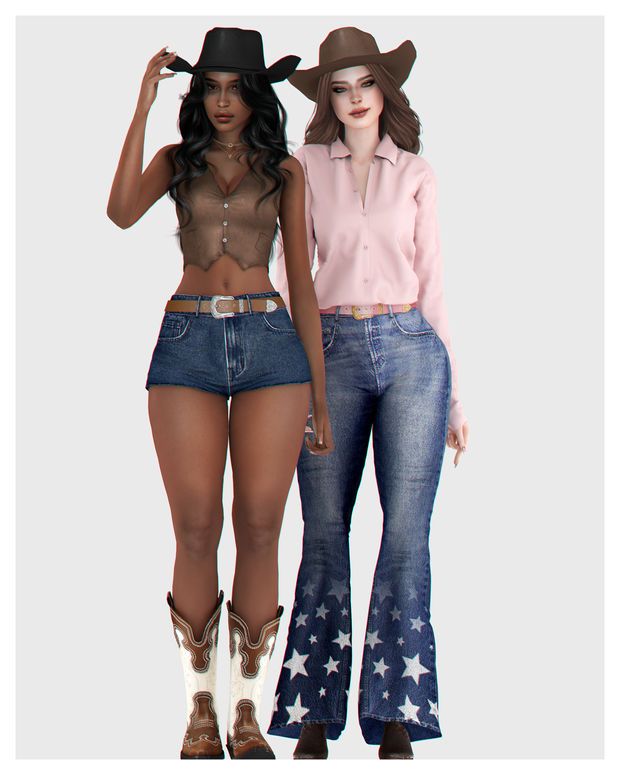 two women wearing cowboy hats and jeans are standing next to each other in front of a white background