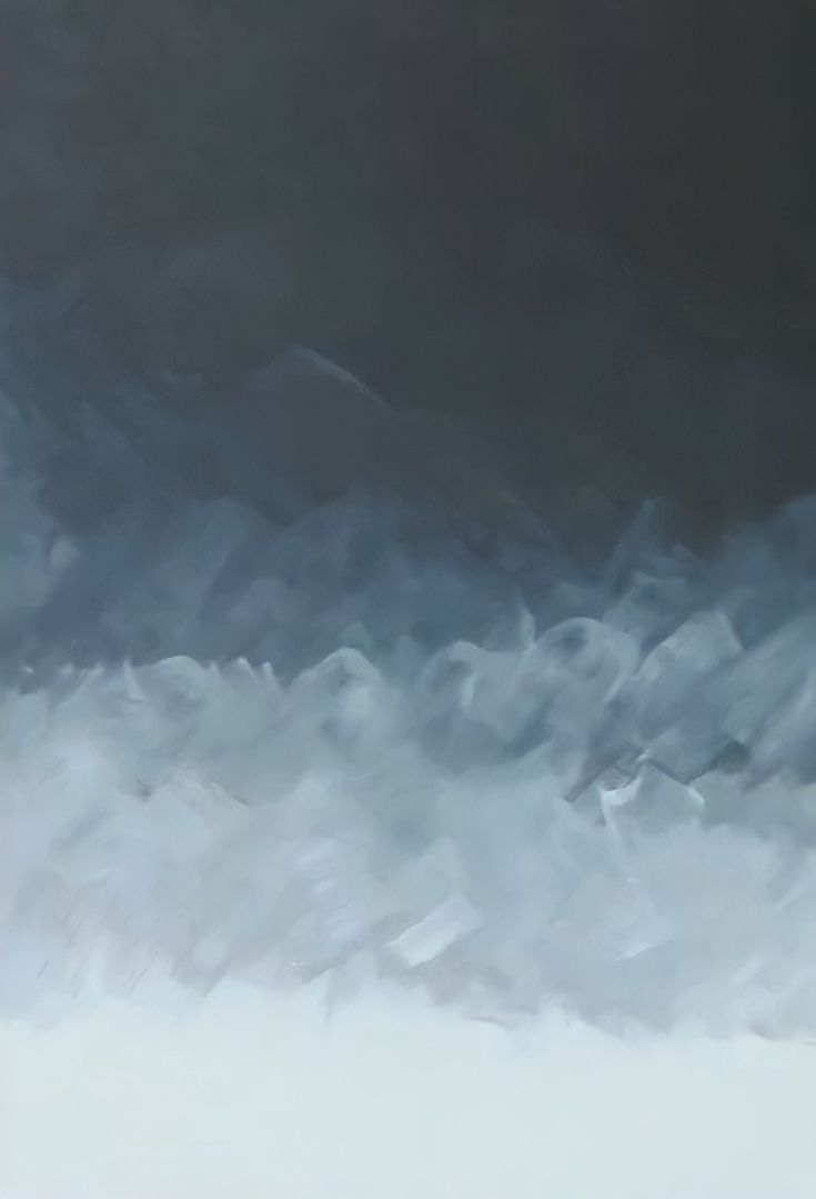 an abstract painting of white and blue waves in the ocean with dark clouds above it