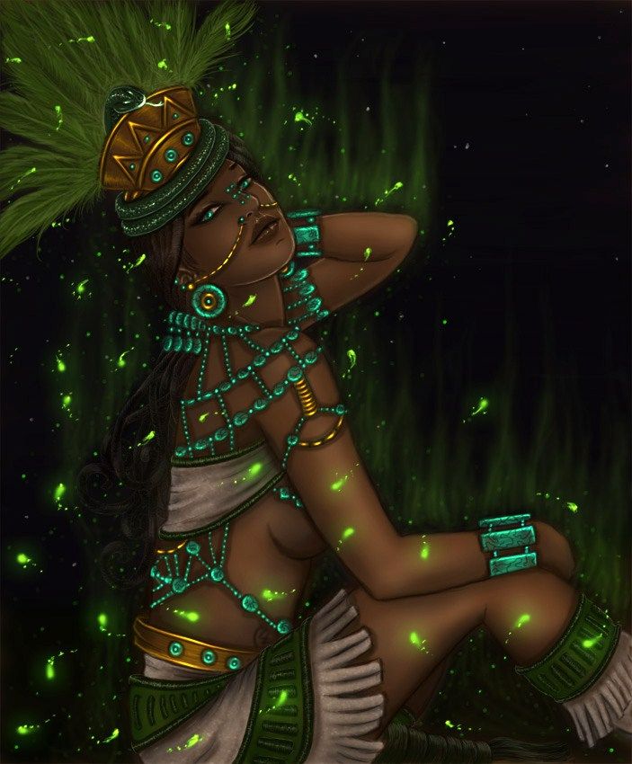 a digital painting of a woman with green lights on her body and headdress